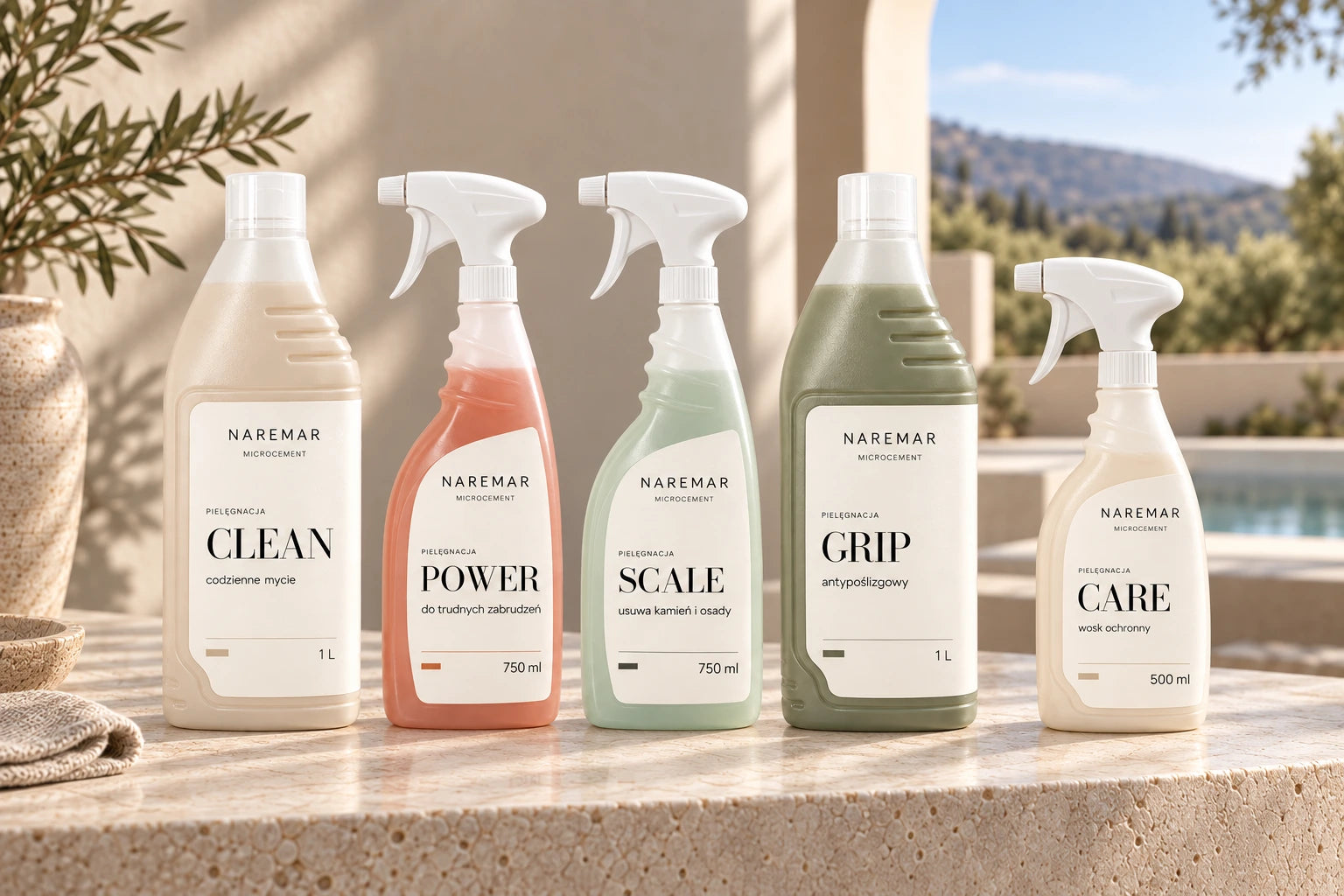 Cała linia pielęgnacji NAREMAR na kamiennym blacie: CLEAN, POWER, SCALE, GRIP i CARE